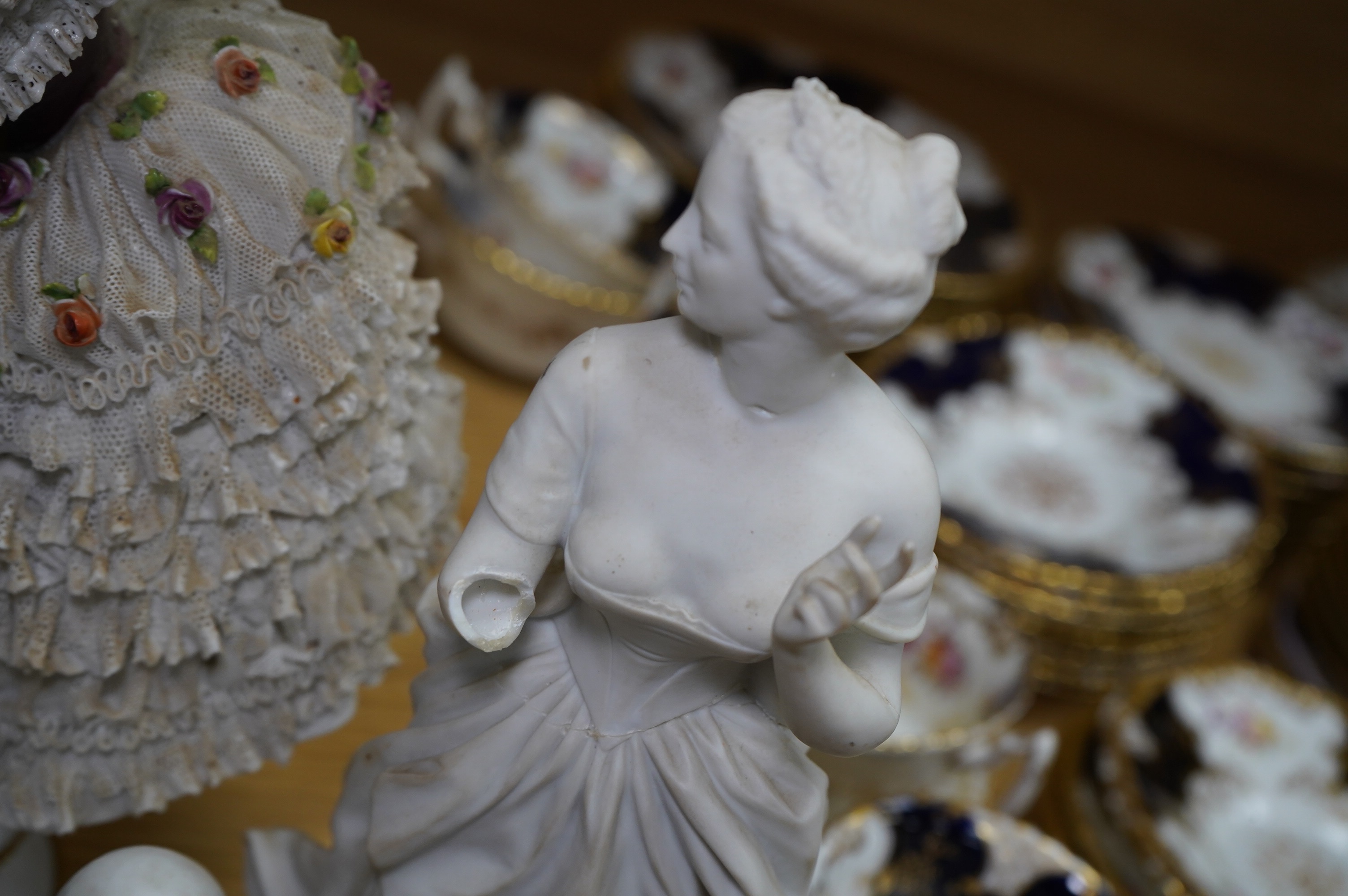 A collection of Continental porcelain ceramic figurines, including a pair of lace examples, dancing ladies and an easel mirror, largest 29cm high. Condition - mostly poor